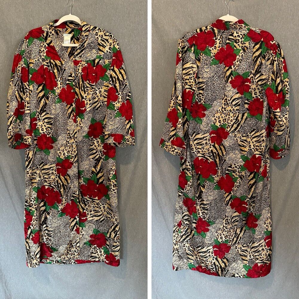 Vintage Animal Print with Floral House Dress Robe Womens M Mob Wife Mafia (0880)